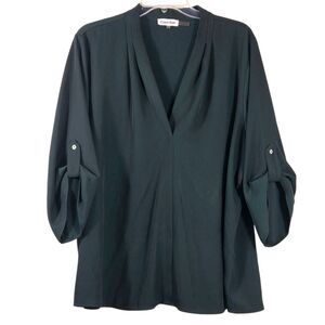 Calvin Klein 2x Deep Green V Neck Blouse | Tab Sleeves